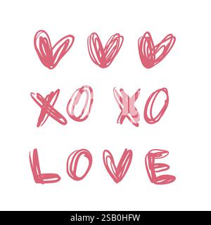 XO handgezeichneter Pfirsichsatz mit Herzen. Set Küsszeichen, Liebesbriefe. Pinselstrich mit dem XO-KISS-Symbol. Valentinstag-Grußplakat, Karte Stock Vektor