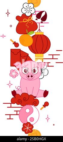 Chinesisches Neujahr 2031 Vektor-Dekorationen mit niedlichem Schwein, Laternen-Elemente, Wolken, Fächer, Muster, und transparenter Hintergrund nahtloser vertikaler Rand. S Stock Vektor