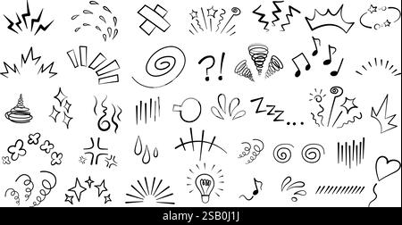 Manga oder Anime Comic Emoticon Element grafische Effekte Hand gezeichnet Kritzelvektor Illustration Set isoliert auf weißem Hintergrund. Stock Vektor