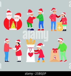 Glückliche Familie mit weihnachtsmütze und Geschenken. Vektorabbildung Stock Vektor