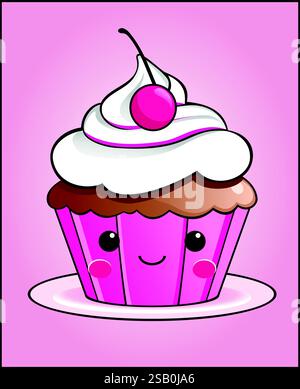 Niedlicher Cupcake mit einem Gesicht auf einem Teller Muster Illustration dekoratives Element Stock Vektor