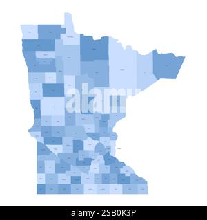 Minnesota, MN – detaillierte politische Karte des US-Bundesstaates. Administrative Karte unterteilt in Bezirke. Blaue Karte mit Kreisnamen. Vektorabbildung Stock Vektor