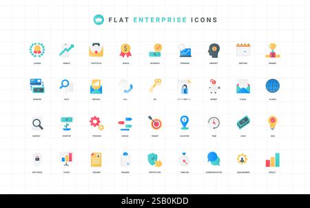 Farbsymbole für Unternehmen, Unternehmensstart und Projektkommunikation und KMU-Management. Digitale Daten und Trends, Dokumente und Diagrammberichte, die auf Vektorillustration mit flachen Elementen eingehen Stock Vektor