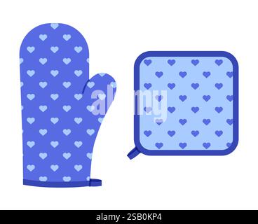 Backofen Handschuhe Handschuh und Topfhalter blau Zeichentrick Herzmuster Mode Hand Accessoire Kleidung technische Illustration Kleid. Vektor für Männer, Frauen Stil flache Vorlage Modell Umriss auf weißem Hintergrund Stock Vektor