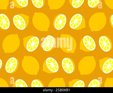 Nahtloses Zitronenmuster. Hintergrund für ganze Früchte, Scheibe und Zitronenkeil. Verzierung aus Kinderstoff Stock Vektor
