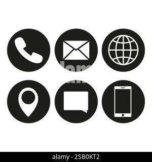 Kontaktsymbole festgelegt. Kommunikationsvektorsymbole. Schwarze runde Formen. Einfacher, flacher Stil. Stock Vektor