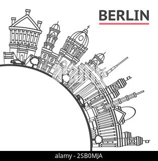 Skizzieren Sie die Skyline von Berlin Deutschland mit historischen Gebäuden und einem Kopierraum, der auf weiß isoliert ist. Vektorabbildung. Berliner Stadtlandschaft mit Wahrzeichen. Stock Vektor