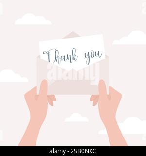 Weibliche Hände halten einen offenen Umschlag mit einer Postkarte innen, handgeschriebener Text Danke auf der Postkarte. Flache Vektorabbildung in Pastellfarben Stock Vektor
