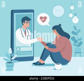 Telemedizin-Konzept. Online-ärztlicher Dienst. Der Patient kommuniziert mit dem Arzt auf dem Smartphone-Bildschirm. Telemedizin und Fernkonsultation mit Therapien Stock Vektor