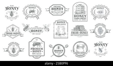 Kollektion von Vintage-, handgezeichneten Honig-, Bienen- und Bienenstocksymbolen, die ein Retro-Design für die Markendarstellung und Kennzeichnung von Honigpro bieten Stock Vektor