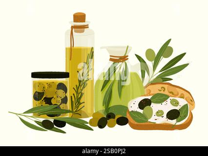 Glasflasche mit Olivenöl, Rosmarin, Glas mit eingelegten Oliven, Olivenzweig, Karaffe mit Olivenöl und Bruschetta mit Frischkäse und Oliven Stock Vektor