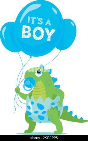 Netter Baby-Jungen-Dinosaurier-Charakter, der blaue Ballons für Baby-Jungen-Dusche hält, isoliert auf weißem Hintergrund Stock Vektor