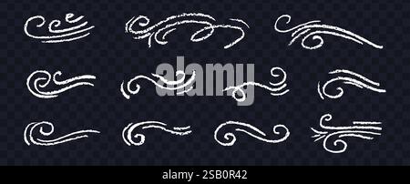 Satz schwarzer Bewegungslinien. Sammlung moderner abstrakter Windsymbole. Handgezeichnet mit Wachs, Kreide oder Holzkohlestift Cartoon lockiges Quietschen, Bastelwetter Stock Vektor