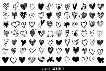 Viele handgezeichnete herzförmige Symbole sind angeordnet und bilden eine große Sammlung von Symbolen, die perfekt für valentinstag, Hochzeit oder jede andere Liebesveranstaltung sind Stock Vektor
