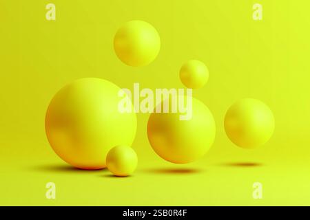 Glänzende gelbe Kugeln, die auf einer leuchtend gelben Oberfläche liegen und schwebend wirken, sorgen für eine dynamische Komposition. Stock Vektor