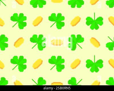 Nahtloses Muster aus Pixelkleeblättern und goldenen Münzen für St. Patrick's Day. Shamrock Pixel Art im 8-Bit Retro Stil aus den 80er - 90er Jahren Design für Banner Stock Vektor