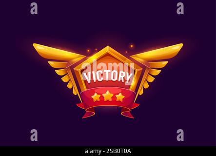 Das Symbol für den Sieg des Spiels, ein Auszeichnung-Abzeichen, ein helles goldenes Schild mit Flügeln, glühenden Sternen und einem roten Banner. Comic Vector Trophäe für digitale Arcade-Spiele, Belohnungssysteme und Erfolg im Gaming Stock Vektor