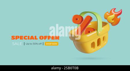 3D-Warenkorb mit Prozentzeichen innen und Emoji mit brennender Flamme. Werbebanner für Verkaufskonzepte Stock Vektor