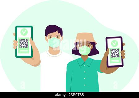 Junge geimpfte Menschen mit digitalen Gesundheitspässen. Erwachsene Männer und Frauen zeigen eine App auf dem Mobiltelefon. Immunisierungszertifikat mit qr-Code auf d Stock Vektor