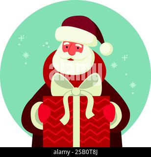 Lustiger Weihnachtsmann Charakter, der verzierte Box mit Weihnachtsgeschenk hält flache Vektor-Illustration Stock Vektor