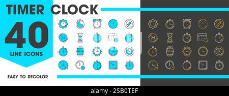 Zeitschaltuhrzeilensymbole. Alarm, Stoppuhr, Uhr, Sanduhr und Kalender, Vektorzeit und -Datum. 24 Stunden, Geschwindigkeit, Abgabetermin und Zeitmanagement umreißen Symbole, Uhr und Uhr mit Zahnrädern Stock Vektor