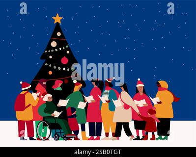 Eine Gruppe glücklicher Menschen in Santa Hats singt Weihnachtslieder. Zeichen Für Winterferien. Weihnachtslieder Caroling in der Nacht unter dem Weihnachtsbaum. Fla Stock Vektor