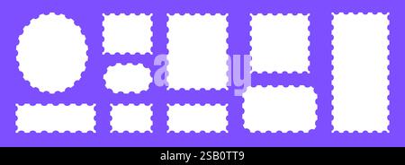 Weißer Briefmarkensatz. Rahmen und Rahmen für Poststempeln. Rechteck-, Quadrat- und Ellipsenvorlage für Post, Postkarte, Brief, Notiz. Gezackte Wellenkanten. Vektor-Zick-Zack-Objekte für Abzeichen, Aufkleber, Foto Stock Vektor