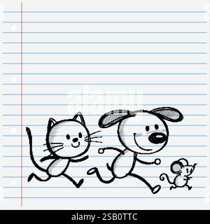 Katze, Hund und Maus laufen fröhlich zusammen Stock Vektor