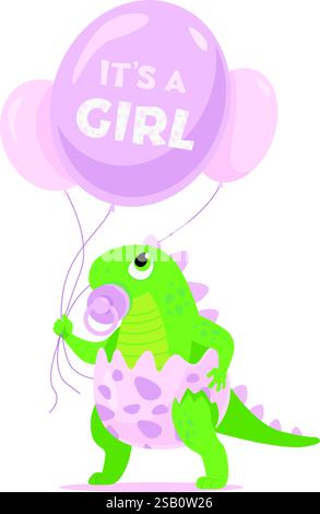 Netter Baby Mädchen Dinosaurier Charakter hält rosa Ballons für Babydusche isoliert auf weißem Hintergrund Stock Vektor