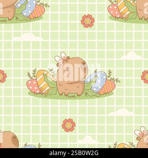 Nahtloses Muster. Süße ruhige Ostern Capybara mit Eiern auf kariertem grünem Hintergrund mit Blumen. Hintergrund der Kawaii-Zeichentrickfigur. Vektor Stock Vektor