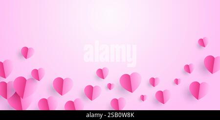 Valentinskarte mit Herzen. Papier fliegende Elemente auf rosa Hintergrund. Vektorsymbole der Liebe in Form des Herzens für glückliche Frauen, Mütter, Valentinstag Stock Vektor