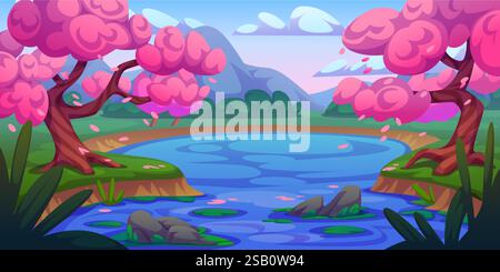 Japanische Teichlandschaft mit blühenden Sakura-Bäumen, fallenden rosa Blütenblättern über blauer Wasseroberfläche. Friedliche Landschaft mit Seerosenpolstern, grauen Steinen, fernen felsigen Bergen und traditionellen asiatischen Bäumen. Stock Vektor