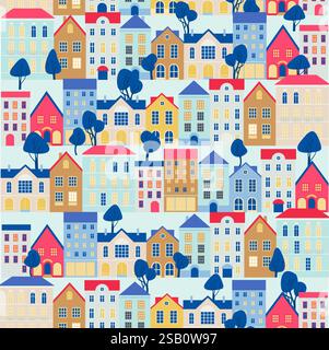 Nahtloses Stadtmuster. Endloser Hintergrund mit niedlichen kleinen Häusern und Bäumen. Wiederholter Druck von alten Häusern. Wiederholbare Textur. Farbig flach vecto Stock Vektor
