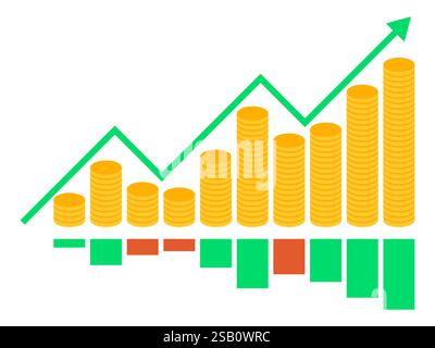Pfeil nach oben und Goldmünzen. Indikator für das Wirtschaftswachstum nach oben. Indikator für Wachstum und Volatilität. Wachstum der Börse. Handel mit Kryptowährung, Aktien und bo Stock Vektor