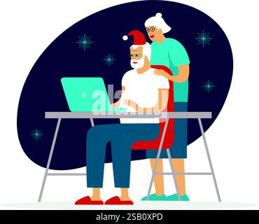 Älteres Ehepaar, das während der COVID-19-2019-ncov-Quarantäne einen Laptop für Videoanrufe mit der Familie an Weihnachtsferien nutzt. Soziale Distanz und sichere Ferien Stock Vektor