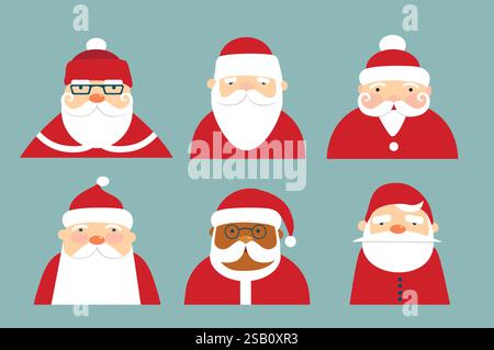 Sammlung von Weihnachtsmannsfiguren, verschiedenen Gesichtern mit Bart- und Hut-flachen Symbolen. Weihnachtsmann Zeichentrickfiguren Weihnachtsillustration Icons Set. Fl Stock Vektor