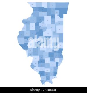 Illinois, IL – detaillierte politische Karte des US-Bundesstaates. Administrative Karte unterteilt in Bezirke. Blaue Karte mit Kreisnamen. Vektorabbildung Stock Vektor
