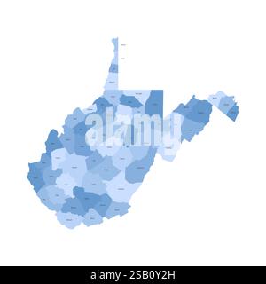 West Virginia, WV – detaillierte politische Karte des US-Bundesstaates. Administrative Karte unterteilt in Bezirke. Blaue Karte mit Kreisnamen. Vektorabbildung Stock Vektor