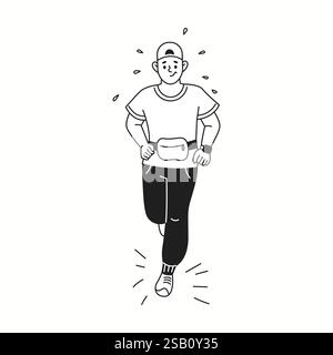 Junger Mann, der in legeren Kleidern joggt, lineare Ikone. Schweißtreibender Sportler, der sich auf das Rennen vorbereitet, kritzele mit einer dünnen Strichfigur Stock Vektor
