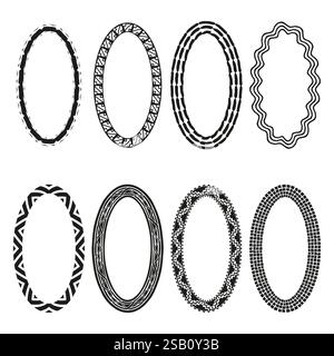 Dekorative ovale Rahmen. Abstrakte Vektorkonturen. Künstlerische schwarze Muster. Symmetrische ovale Formen. Stock Vektor