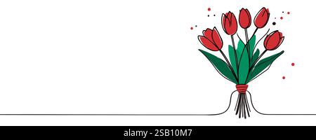 Durchgehende einzeilige Zeichnung eines Tulpenstraußes. Federkonzept. Grafische Vektorgrafik-Illustration für eine einzelne Linie Stock Vektor