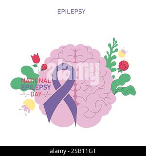 Der Internationale Tag der Epilepsie soll das Bewusstsein für Epilepsie schärfen und Betroffene unterstützen. Die Abbildung zeigt ein Gehirn, ein lila Band und Blumen, die Hoffnung und Widerstandsfähigkeit symbolisieren. Es vermittelt eine Botschaft der Einheit und des Verständnisses für Individuen, die mit Epilepsie leben. Vektorabbildung. Stock Vektor