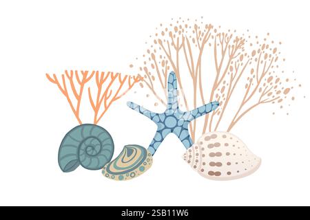 Bunte Muscheln und Seestern-Unterwasserillustration mit lebendigen Meeresleben-Elementen Vektor-Illustration auf weißem Hintergrund. Stock Vektor