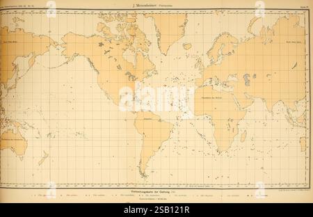 Wissenschaftliche Ergebnisse der Deutschen Tiefsee-Expedition auf dem Dampfer 'Valdivia', 1898-1899, Jena, G. Fischer, 1902-40, deutsche Tiefsee-Expedition, 1898-1899, Meerestiere, wissenschaftliche Expeditionen, Valdivia-Schiff, reisen um die Welt, Pteropoda, Meeresschnecken, Meeresschnecken, Eine historische Karte, die die Welt mit verschiedenen geografischen Elementen darstellt. Die Landmassen sind in hellen Tönen schattiert, mit markanten Umrissen, die Kontinente und Länder voneinander trennen. Ein Rastersystem überlagert die Karte und zeigt Breiten- und Längengrade an, während die wichtigsten Details die ozeanischen Grenzen zeigen. Kleine Punkte und Stockfoto