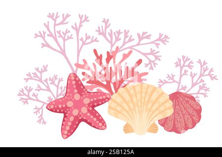 Bunte Meereslebewesen eine Illustration mit Korallen, Muscheln und Seestern in der Natur Vektor-Illustration auf weißem Hintergrund. Stock Vektor