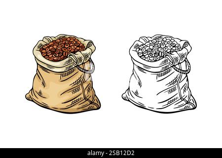 Gravur, Kaffeebohnenbeutel, Vektorillustration in Farbe und Linienskizze Stock Vektor