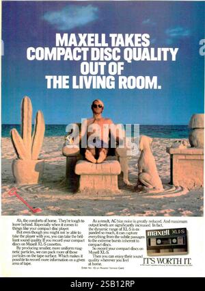 1985 US Maxell XL-S Kassettenwerbung – „Maxell nimmt Compact Disc-Qualität aus dem Wohnzimmer“ Stockfoto