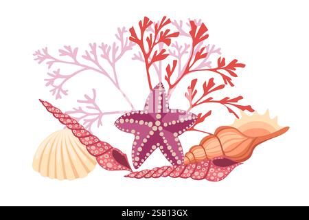 Bunte Meereslebewesen eine Illustration mit Korallen, Muscheln und Seestern in der Natur Vektor-Illustration auf weißem Hintergrund. Stock Vektor