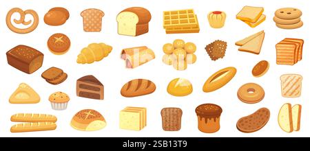 Große Auswahl an Backwaren, darunter verschiedene Brote, Brote, Brötchen, Muffins, Waffeln, Kekse, Kuchen und Gebäckstücke schaffen ein farbenfrohes und farbenfrohes Te Stock Vektor