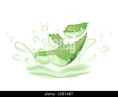 Aloe-Vera-Blatt aufgeschnitten. Hellgrüne, dicke, fleischige Textur mit tropfendem Gel. Wasserspritzer umgeben das Blatt, Frische und Feuchtigkeit. Vektorillu Stock Vektor